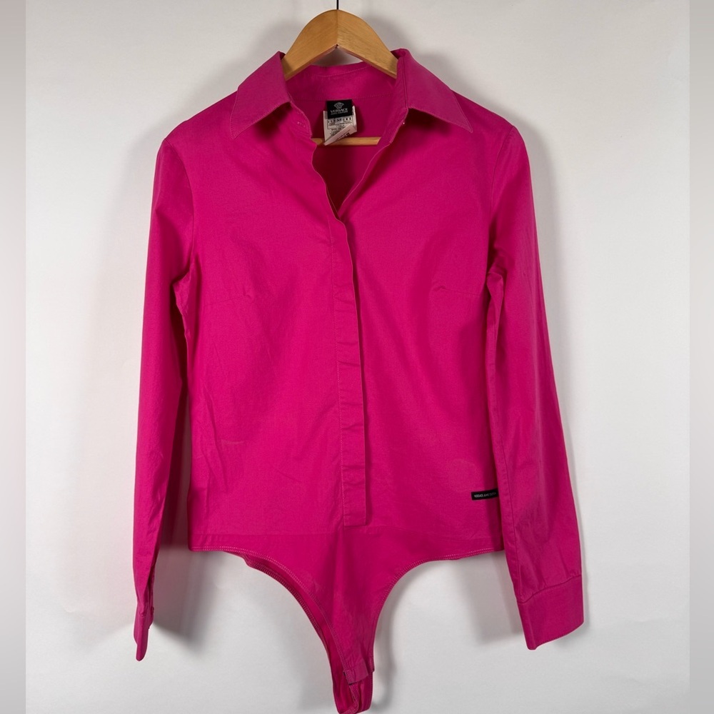 Versace Jeans Couture Pink Collared Bodysuit Womens Medium Y2k 90's Rare Vtg